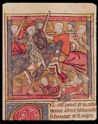 Fol.285rポルトガルのフェルディナンドの捕獲（1186-1233）1214年7月27日、ブーヴィーヌの戦いでのフランダース伯爵、1375-79年のGrandes Chroniques de France